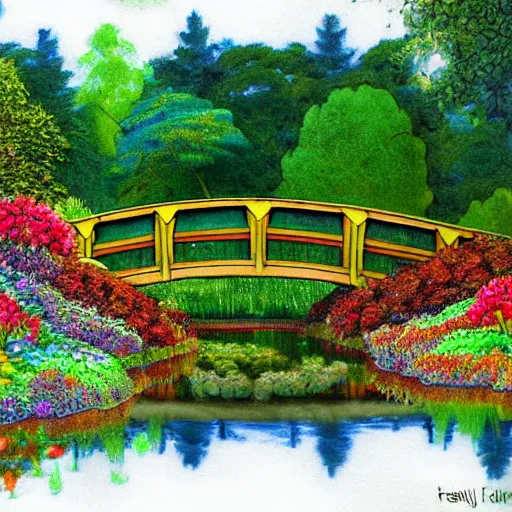 Prompt: a bridge over a pond in a garden filled with flowers, a digital rendering by cherryl fountain, featured on cg society, cloisonnism, enchanting, vivid colors, rich color palette