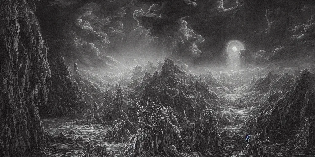 Prompt: a pixel landscape painting with many supernatural creatures, Sinister, horror, created by Gustave Dore, trending on Deviantart, high detail.
