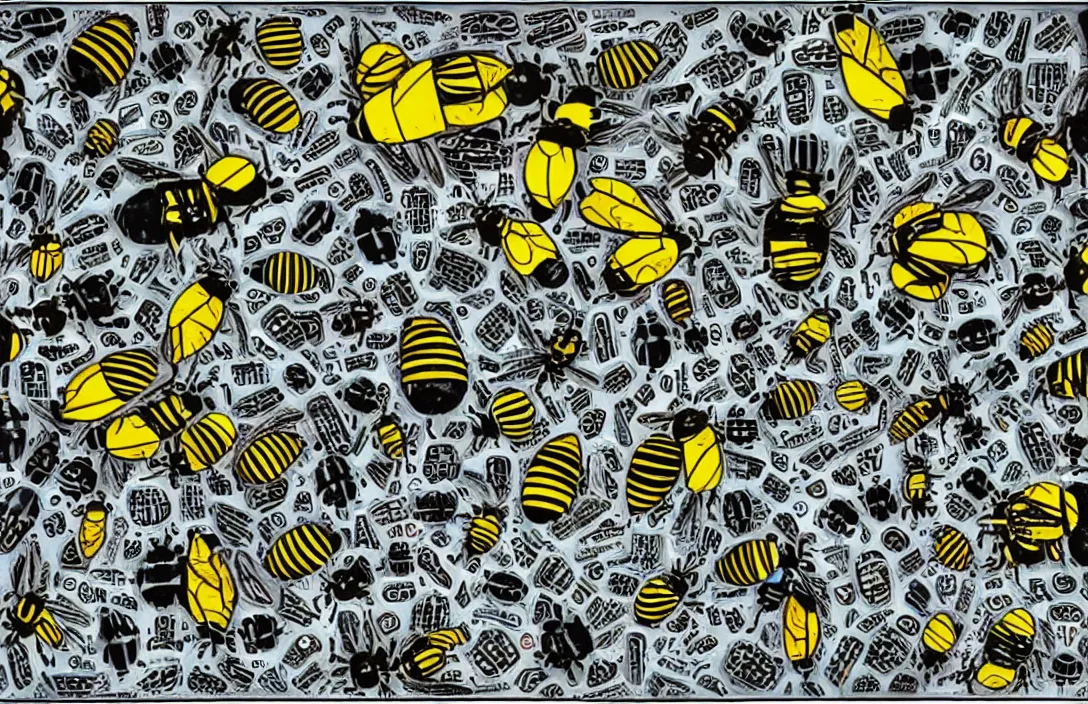 Prompt: pop art collage of mechanical bees, style of Andy Warhol