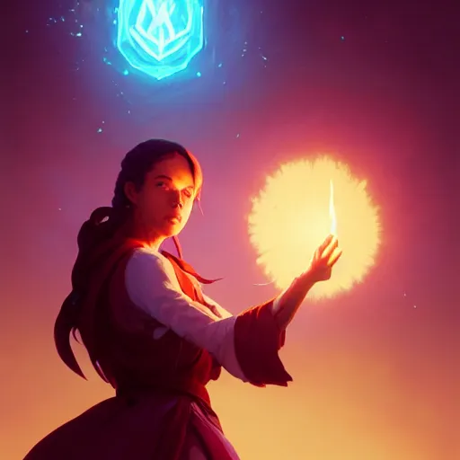 Image similar to highly detailed vfx portrait of a mage casting a light spell, unreal engine, greg rutkowski, loish, rhads, beeple, makoto shinkai and lois van baarle, ilya kuvshinov, rossdraws, tom bagshaw, alphonse mucha, global illumination, detailed and intricate environment
