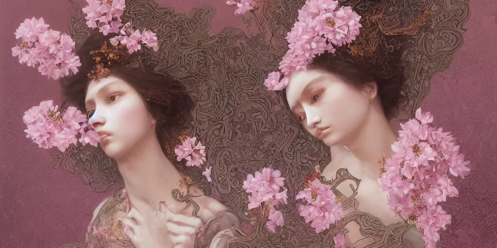 Image similar to breathtaking detailed weird concept art painting of few goddesses of light pink flowers, orthodox saint, with anxious, piercing eyes, ornate background, amalgamation of leaves and flowers, by Hsiao-Ron Cheng, extremely moody lighting, 8K