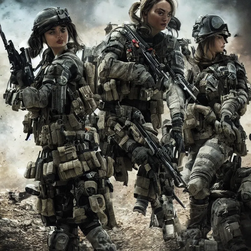 Image similar to ana de armas and margot robbie as a Call of Duty Modern warfare character highly detailed war torn environment epic pose