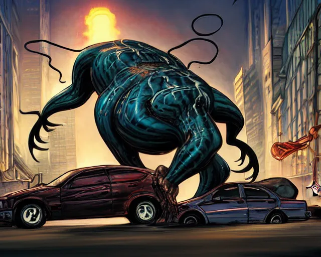 Prompt: A realistic Venom standing on top of a wrecked car in the city, open arms art by Jason Chan and Gerardo Sandoval, Ultra detailed, hyper realistic, cinematic lighting