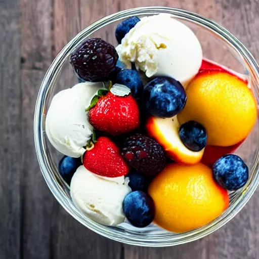 Prompt: an ice cream with fresh fruit in a glass bowl