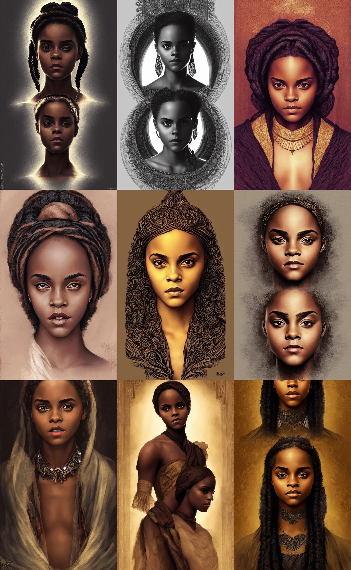 Prompt: black african emma watson, annasophia robb, symmetrical portrait, intricate, highly detailed, artstation, illustration, orientalism, jurgens, rutkowski, bouguereau