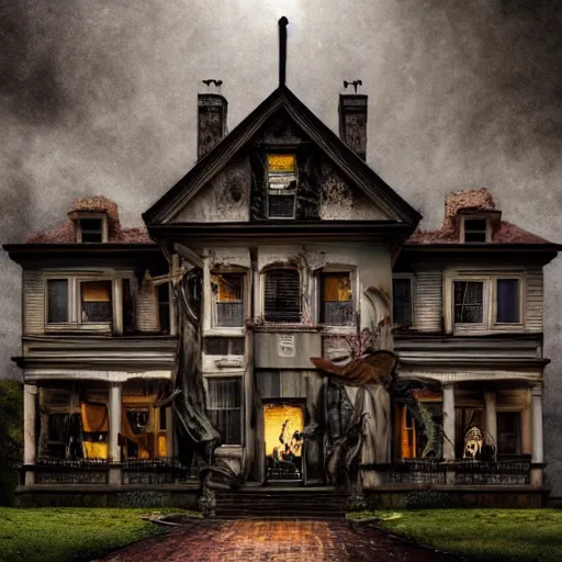 Prompt: a real photo taxidermized horror mansion, in a lighting storm, portrait, 4 k, 8 0 mm,