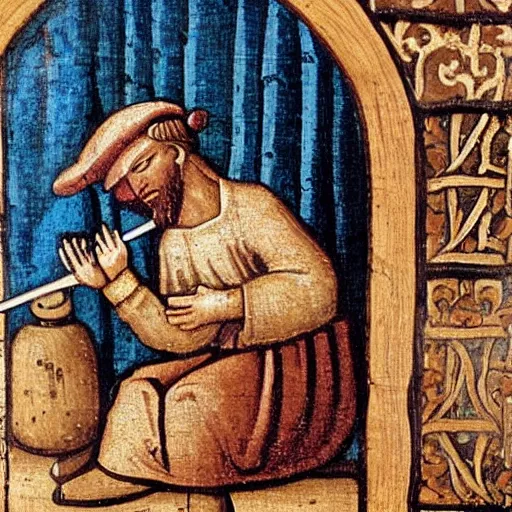 Prompt: A medieval style painting of a munk working.