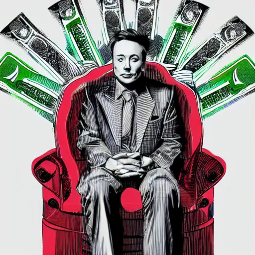 Prompt: Elon Musk sitting in a throne full of money, digital art,