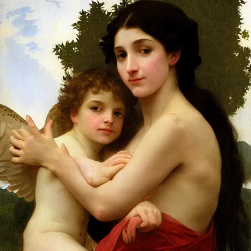 Prompt: portrait of an angelical woman and her giant monster pet, by bouguereau