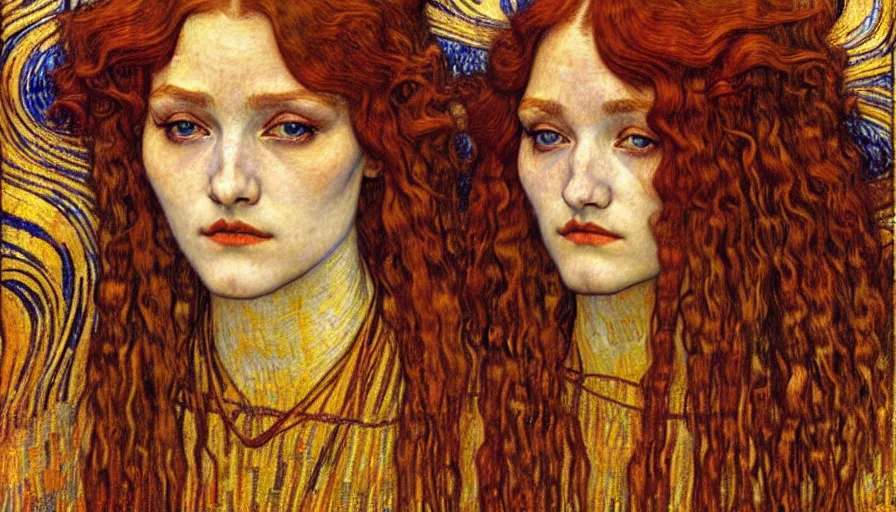 Image similar to detailed realistic beautiful young medieval queen face portrait by jean delville, gustav klimt and vincent van gogh, art nouveau, symbolist, visionary, gothic, pre - raphaelite, muted earthy colors, desaturated