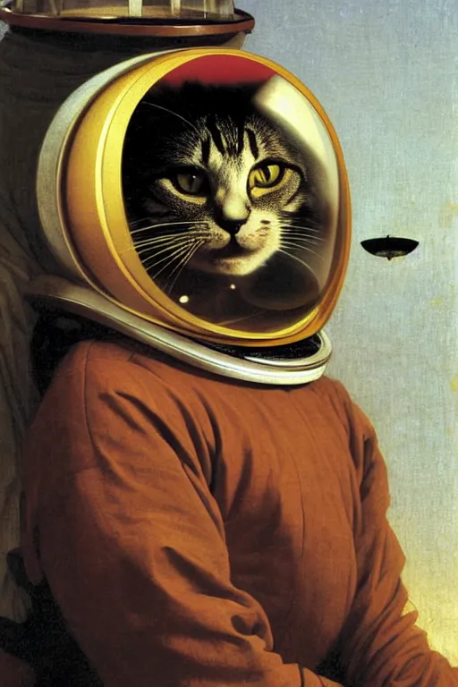 Image similar to portrait of a cat astronaut in samurai helmets an ancient human species, single person, by bouguereau