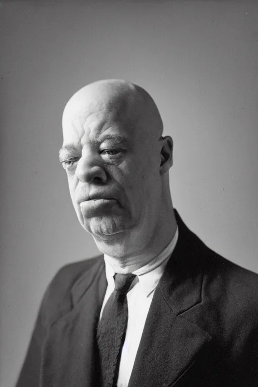 Prompt: studio portrait of man that looks excactly like homer simpson, lookalike, as if homer simpson came to life, soft light, black background, fine details, close - up, award winning photo by james van der zee