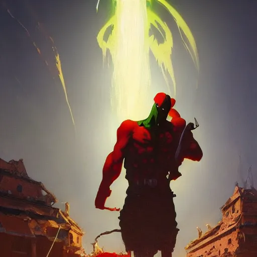 Image similar to 4k headshot of Spawn from Macfarlane comics , killing with green fire by Craig Mullins, ilya kuvshinov, krenz cushart, epic , artgerm trending on artstation by Edward Hopper and Dan Mumford and WLOP and Rutkovsky, beksinski carl spitzweg moebius and tuomas kocar, intricate artwork by caravaggio, Unreal Engine 5, Lumen, Nanite , 4K headshot of godlike clown with defined arms and open hands and bloody clothes with giant mandala wings , intricate face , flawless anime cel animation by Kentaro Miura, psychedelic , highly detailed upper body , professionally post-processed , beautiful, scary, symmetry accurate features, epic, octane rendered, anime masterpiece, accurate