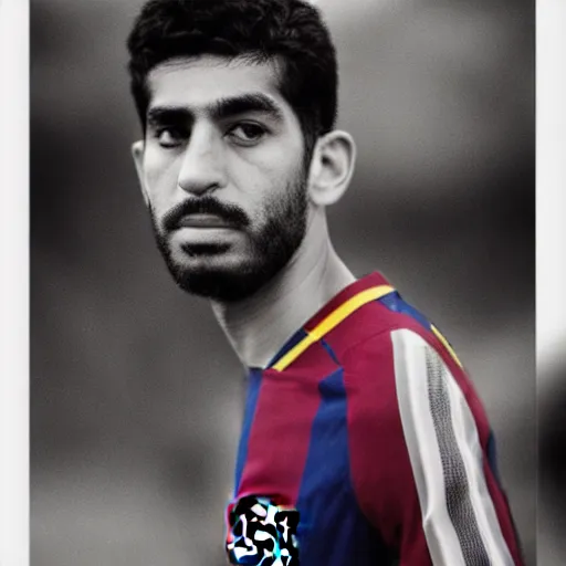 Image similar to portrait, body and torso, sadam hussain, fc barcelona, jersey number 1 0, dark blue, maroon red, photography award winning,