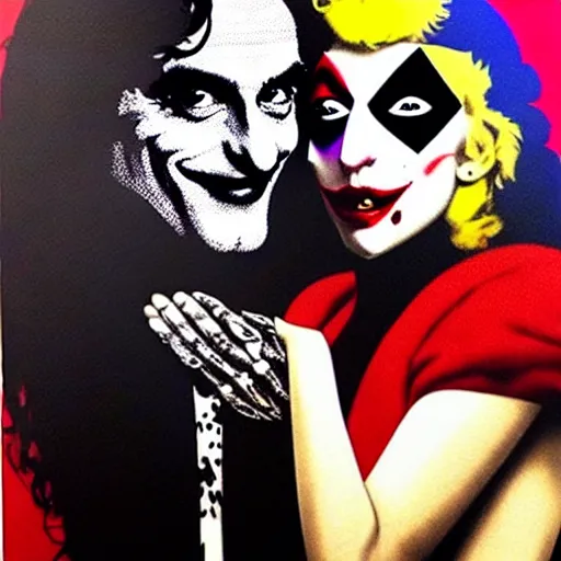 Prompt: richard hamilton and mimmo rottela and banksy as joaquin phoenix skinny joker holding hand lady gaga harley queen, ultra photorealistic, intricate details, pop art style, baroque, concept art, ultrarealistic, 3 colors, 4 k, 4 d, smooth, sharp focus