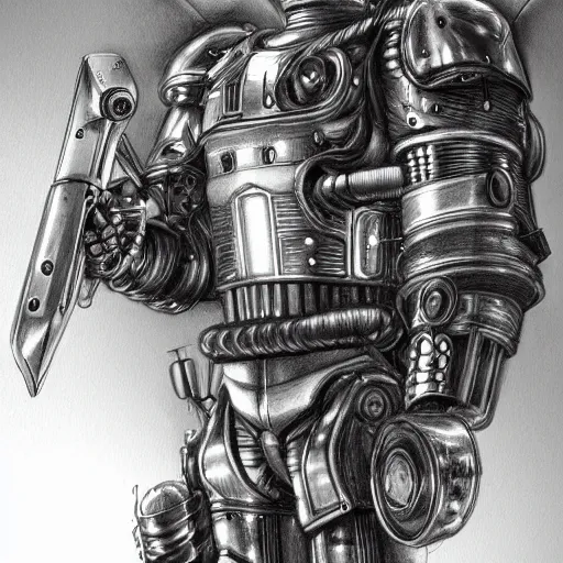 Image similar to pencil drawing, retrofuturism, medieval knight with cybernetic implants and steampunk devices, artstation cgsociety