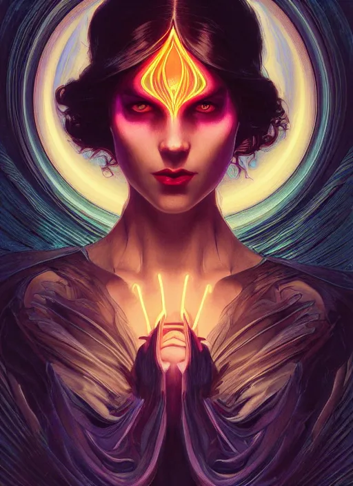 Image similar to book cover, front portrait, dark witch with black hood and evil eyes, realism, soft, smooth, luminescent, art nouveau tarot, backlit glow, colorful swirly ripples, gaudy colors, aesthetic octane render, unreal engine, 8 k, by artgerm, greg rutkowski, alphonse mucha