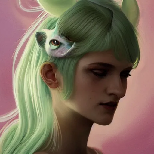 Image similar to ultra realistic illustration, dream girl with white hair, with light green eyes, with cat ears, in a sundress, intricate, elegant, highly detailed, digital painting, artstation, concept art, smooth, sharp focus, illustration, art by artgerm and greg rutkowski and alphonse mucha