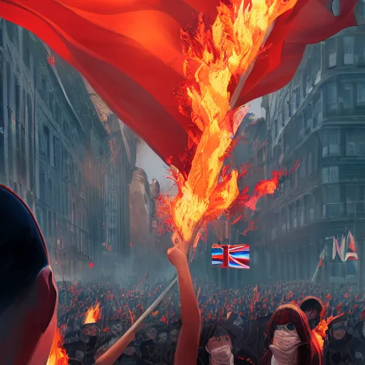 Prompt: people violently protest in London, burning buildings, Brexit flag in flames, 2d, ultra highly detailed, digital painting, smooth, sharp focus, artstation, pixiv, art by Ilya Kuvshinov