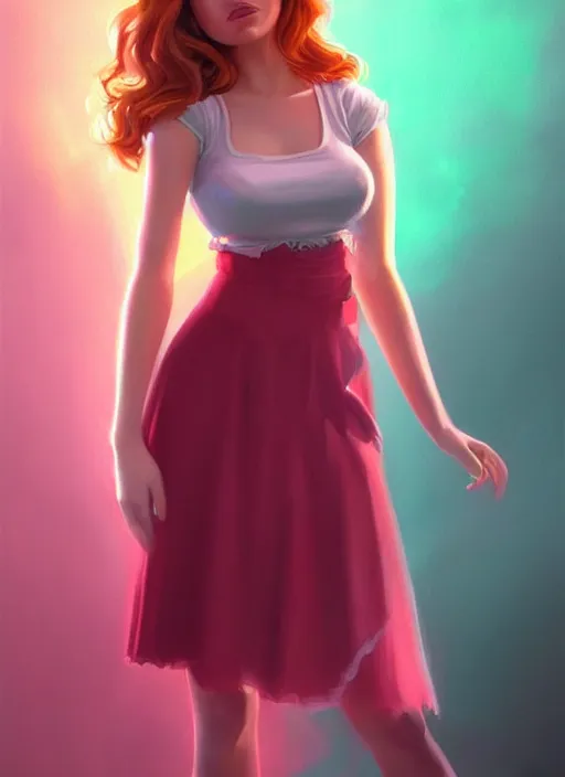 Image similar to full body portrait of teenage cheryl blossom, bangs, green eyes, sultry expression, red hair, sultry smirk, bangs and wavy hair, pink skirt, intricate, elegant, glowing lights, highly detailed, digital painting, artstation, concept art, smooth, sharp focus, illustration, art by wlop, mars ravelo and greg rutkowski