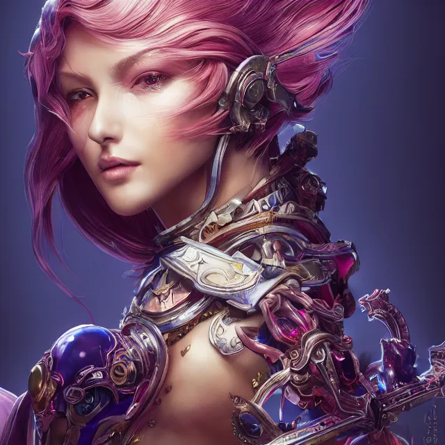 Image similar to studio portrait of lawful good colorful female divine mech paladin as absurdly beautiful, elegant, young sensual gravure idol, ultrafine hyperrealistic detailed face illustration by kim jung gi, irakli nadar, intricate linework, sharp focus, bright colors, matte, octopath traveler, final fantasy, unreal engine highly rendered, global illumination, radiant light, intricate environment