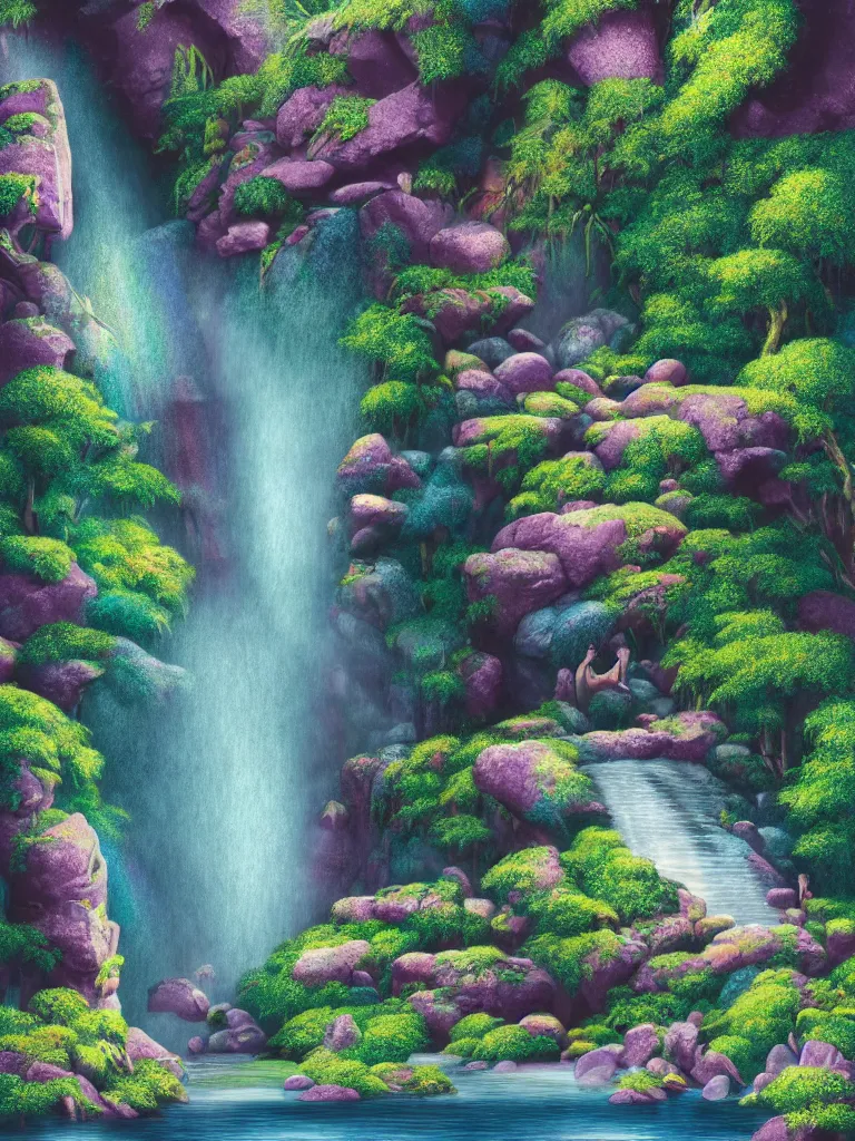 Prompt: artdeco illustration of waterfall cascading onto rocks, small rainbow emerging in background, ethereal, beautiful scenery, intricately meticulously detailed, amazing, glitter, 8 k render octane high definition