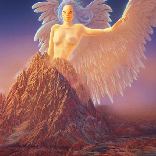 Prompt: of a matte painting of divine mountainscreen by simon bisley, trending on artstation, fine detailing abandoned angelic lagoon crayola crayon, by joe jusko and mike winkelmann, polar, coloassal angel