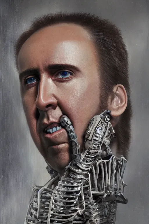 Prompt: Nicolas Cage as biomechanical cyborg intricate, smooth, artstation, painted by Hans Giger