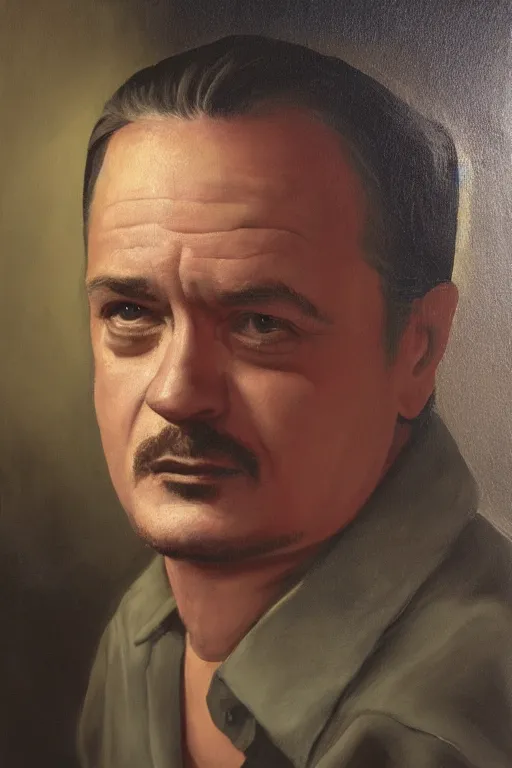 Prompt: a painting of Mike Patton, a portrait by René Auberjonois, cg society, socialist realism, studio portrait, oil on canvas, chiaroscuro