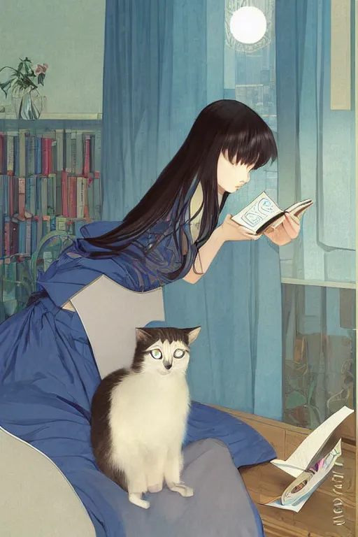 Image similar to a digital painting of a girl reading a book with a cat in A comfortable study room at night,blue theme,geometric shapes,S line,hard edges,jk uniform ,Hairdryer by mucha and krenz cushart and range murata