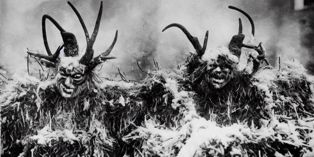 Image similar to 1 9 2 0 s photography of krampus hay monster burning on a pyre, submerged in snow