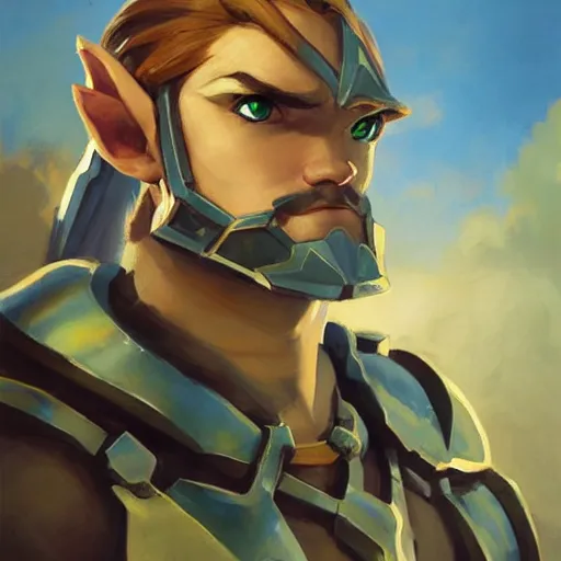 Image similar to greg manchess portrait painting of armored link from legend of zelda as overwatch character, medium shot, asymmetrical, profile picture, organic painting, sunny day, matte painting, bold shapes, hard edges, street art, trending on artstation, by huang guangjian and gil elvgren and sachin teng