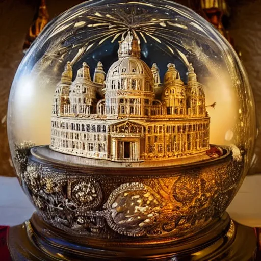 Prompt: nuclear bomb exploding in a city inside a snow globe, highly ornate intricate details,