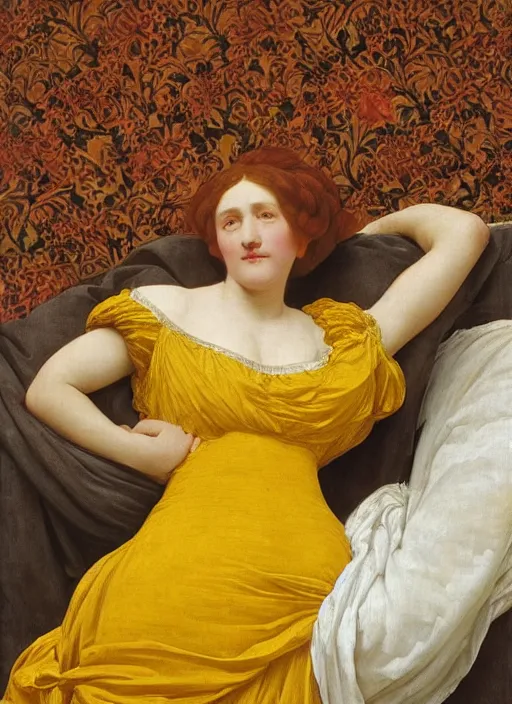 Image similar to masterpiece portrait of lady reclining on bed wearing yellow ochre ornate medieval dress, vertical, foreshortening, colour photography by frederic leighton, william morris, 8 k