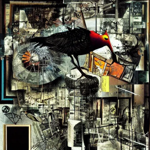 Image similar to a mechanical bird wanders between the virtual realms of urban informatics and computational social science, collage artwork by dave mckean and ivan shishkin and roberto matta