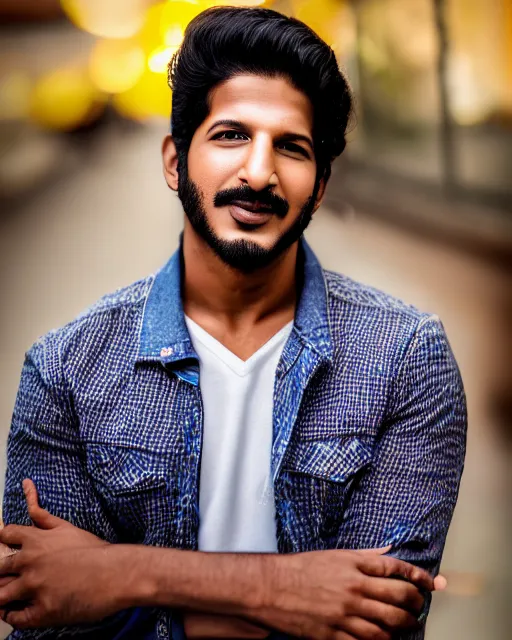 Prompt: A portrait of Dulquer Salmaan, highly detailed, trending on artstation, bokeh, 90mm, f/1.4