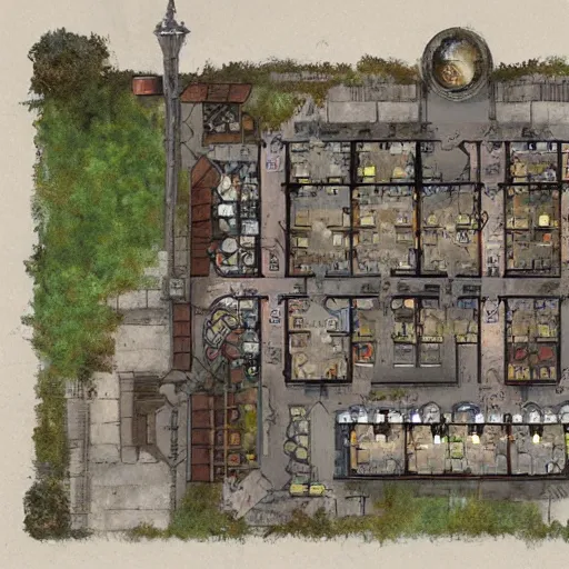 Prompt: full - color floor plan of a fantasy tavern, by greg rutkowski and james gurney, trending on artstation