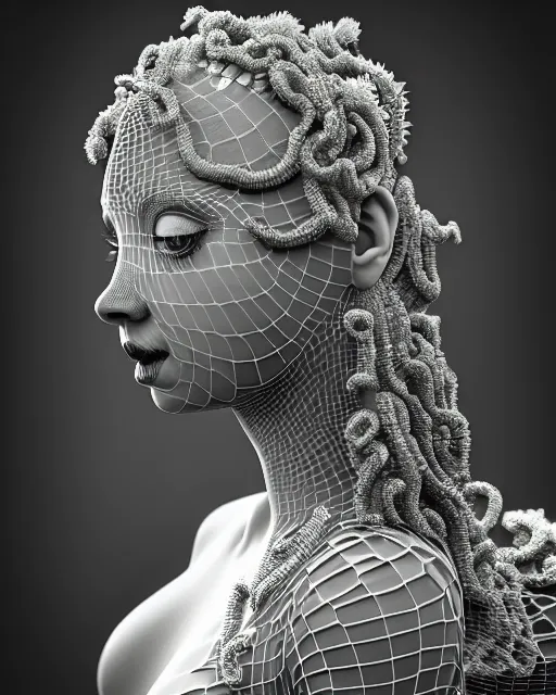 Image similar to surreal mythical dreamy underwater artistic black and white 3 d render of a translucent beautiful young female angelic - medusa - vegetal - doll with her face covered with fish scales, highly detailed, intricate crystal ivy jelly ornate, poetic, translucent algae ornate, digital art, octane render, 8 k artistic photography, photo - realistic, hg giger flora borsi