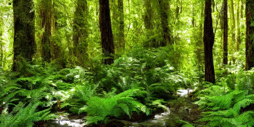 Image similar to a beautiful fern forest with a creek and redwoods and dappled light