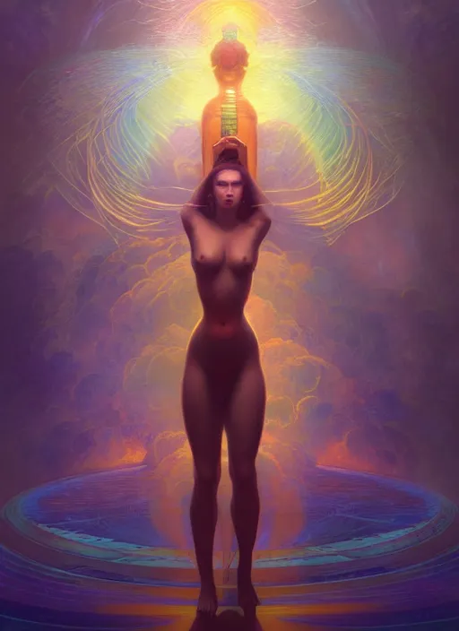 Image similar to beautiful woman standing at the base of heaven, concept art, symmetrical, trending on artstation vivid color, complementary color, golden ratio, detailed, sharp lines, intricate, rainbowshift by andrei riabovitchev, by peter mohrbacher, by gustave dore, by maxfield parrish, by alphonse mucha, deviantart, octane render