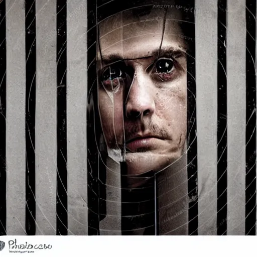 Image similar to sad prisoner holding ipad, prison cell, photorealistic, frustrated expression, dark, hopeless, gloomy