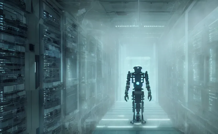 Image similar to extremely detailed cinematic movie still 3 0 7 7 foggy portrait shot of a robot in an endless data centre by denis villeneuve, wayne barlowe, simon birch, marc simonetti, philippe druillet, beeple, bright volumetric sunlight from small windows, rich moody colors