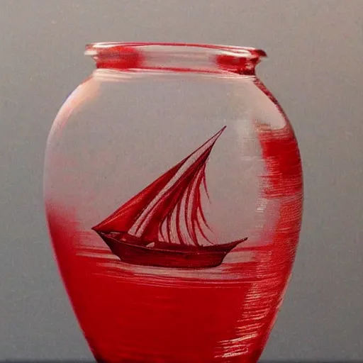 Prompt: red ship on galle etched glass vase floating on the ocean