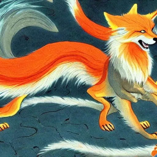 Image similar to a nine tailed fox, kitsune, japanese folklore, realistic depiction