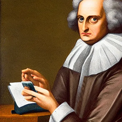 Prompt: isaac newton using a smartphone, very detailed face