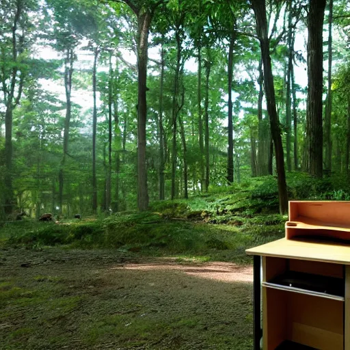 Image similar to A small desk in the middle of a forest by Studio Ghibli