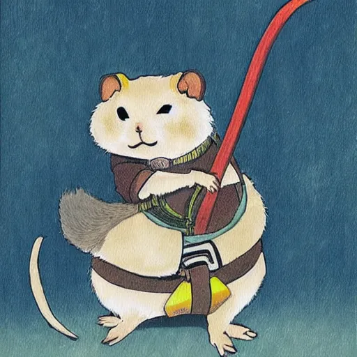 Image similar to japanese hamster samurai. with long sword. anime art. painting. sacura forest on background