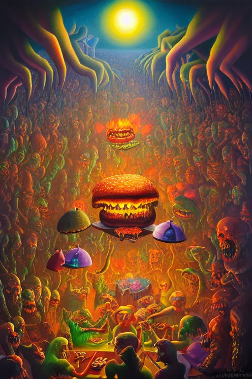 Prompt: a photorealistic painting of an isometric nightmare at the bbq horror by johfra bosschart, lisa frank, dark fantasy art, high detail, trending on artstation