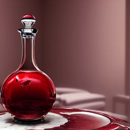 Prompt: a photorealistic photograph of a red Cardinal bird swimming inside of an Armagnac decanter at a polo lounge Trending on Artstation, featured on Behance, well-rendered, Unreal Engine, 4K HD