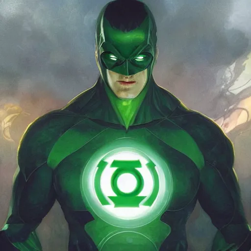 Image similar to Green Lantern summoning a car, artists portrait, fantasy, highly detailed, digital painting, concept art, sharp focus, depth of field blur, illustration, art by artgerm and greg rutkowski and alphonse mucha